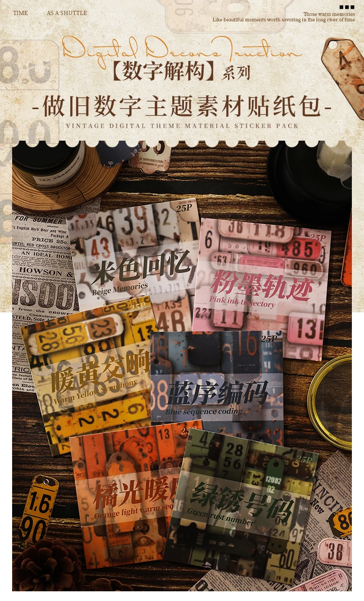 25 teile/paket Vintage digit tags Aufkleber Dekorative DIY Scrapbooking Materialien Kunst Collage Schreibwaren Ästhetik Aufkleber – Detail 2
