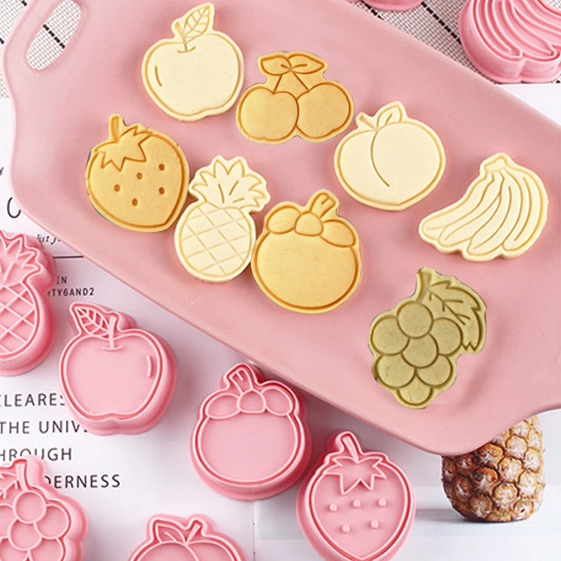 

8Pcs Cartoon Fruit Cookie Embosser Mold 3d Frosting Fondant Plastic Cookie Press Mold Strawberry Peach Biscuit Cutter Cake Mold