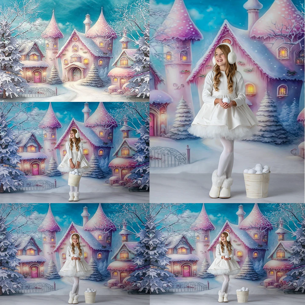 

Christmas Village Pastel Pink Home Photo Background Colorful Snowy Photography Backdrop Princess Girl Portrait Photo Studio Prop