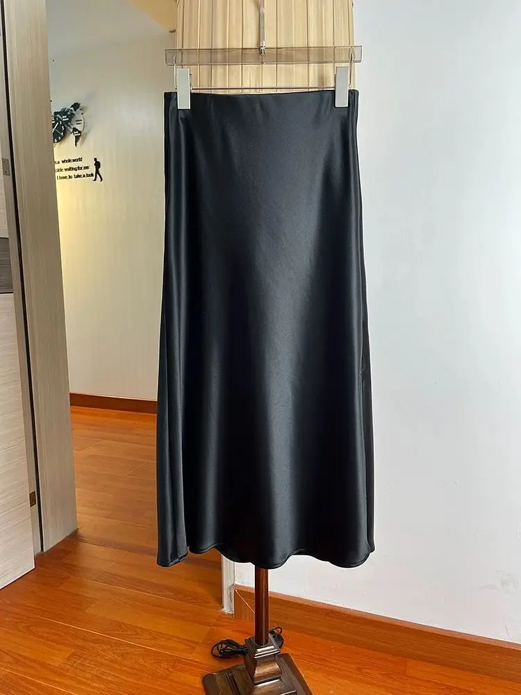 2024 spring Luxury Satin Midi Long Women's Skirt Elastic Waist Solid Color Split Skirt Casual Elegant Women Party A-Line Skirts 4