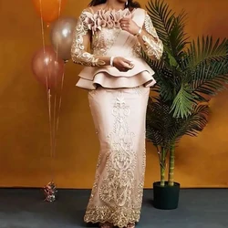 Plus Size Arabic Aso Ebi Champagne Lace Sexy Mother of the Bride Dress Formal Party Wedding Fashion Long Sleeves Sheath