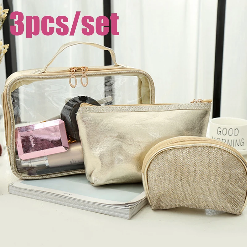 

3pcs/set Make Up Bags Women Pink Cosmetic Bag Fashion Waterproof Transparent Makeup Pouch Beauty Travel Portable Organizer