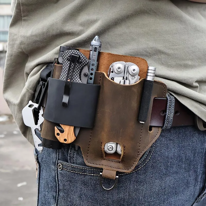 Mebiosi Leather Tool Pouch With Belt Clip - 9x5 Inch Multitool Holster, Tunnel Loop For Belt, Fisherman & Electrician Gear