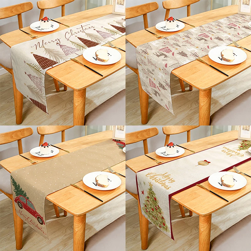 

Merry Christmas Cartoon Cute Trees Dwarfs Reindeers Decorative Table Runner for Dining Table Festival Party Multiple Size