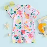 VISgogo Toddler Girls Rash Guard Swimsuit Rompers Zipper Short Sleeve Floral Print Kids Bathing Suit Baby Swimwear 2