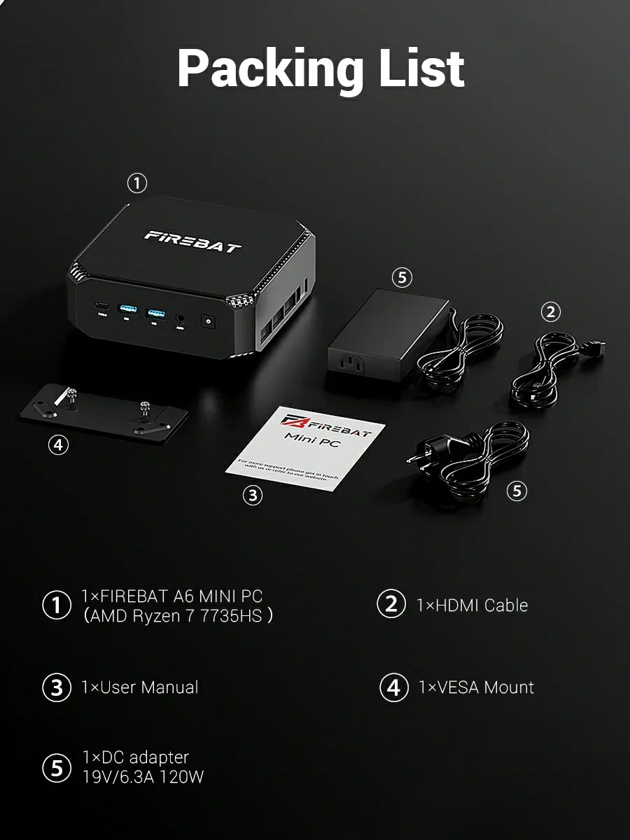 FIREBAT MINI PC A6 AMD Ryzen 7 7735HS 16GB DDR5 RAM 512GB SSD WIFI6 BT5.2 Windows 11 Portable Desktop MINI-PC Gaming Computer