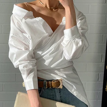TWOTWINSTYLE 여성용 스트레이트 스트라이프 셔츠, V넥 긴팔, 불규칙한 밑단 블라우스, 여성 의류, 봄, 새로운 2022 패션