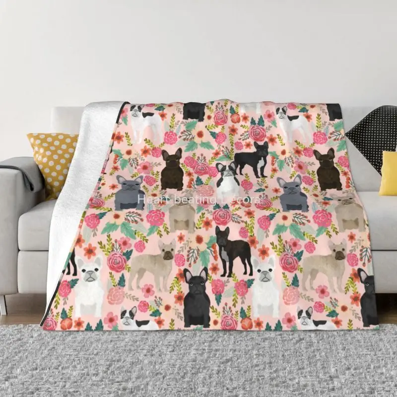 

Pet Dog French Bulldog Sofa Fleece Throw Blanket Warm Flannel Florals Frenchies Blankets for Bedroom Travel Couch Quilt 1