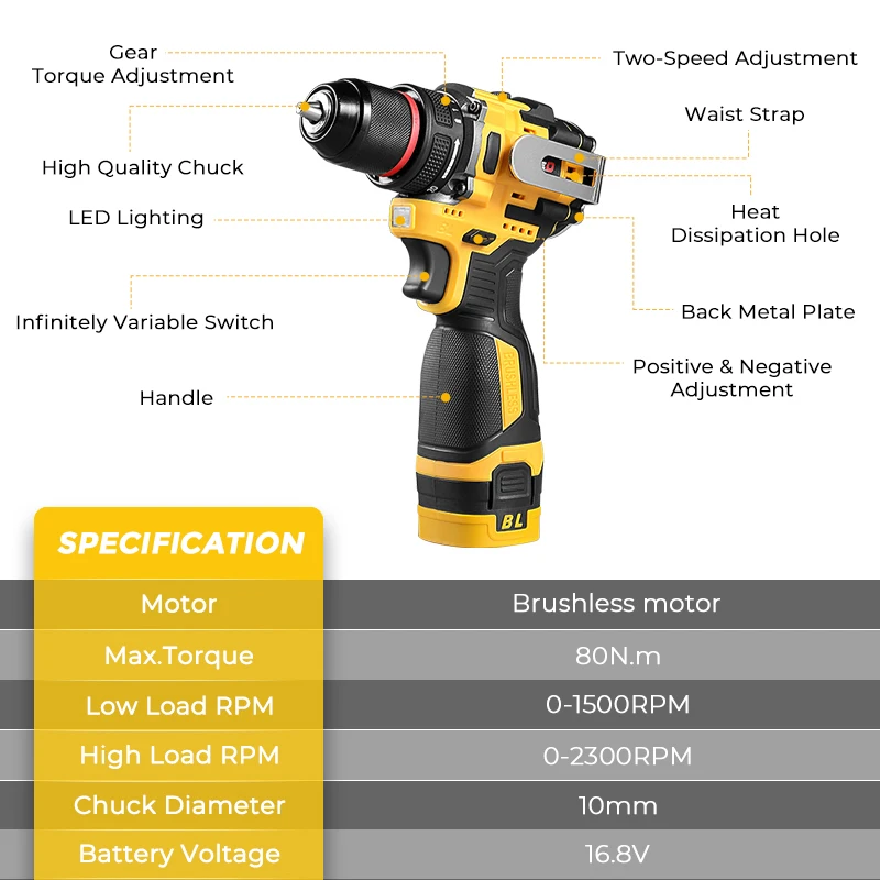 BABEQ 16.8V Brushless Electric Drill 80NM 2 IN 1 Cordless Drill 10MM Chuck Mini Electric Screwdriver Tools Lithium Ion Battery 2