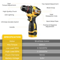 BABEQ 16.8V Brushless Electric Drill 80NM 2 IN 1 Cordless Drill 10MM Chuck Mini Electric Screwdriver Tools Lithium Ion Battery 2