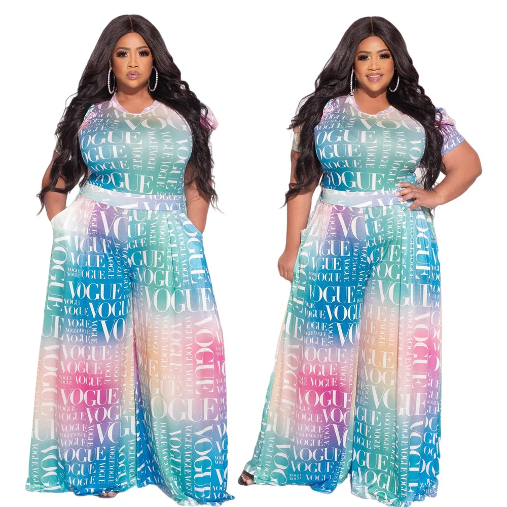FEOGOR large size 2023 summer spring and autumn letter print short-sleeved loose bright color jumpsuit pants women comfortable
