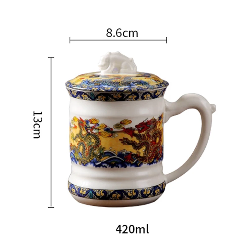 Chinese Style Pattern With Cover Ceramic Personal Mugs, Creative Household tea service items Milk Water make tea Cup, 400ml, 1Pc