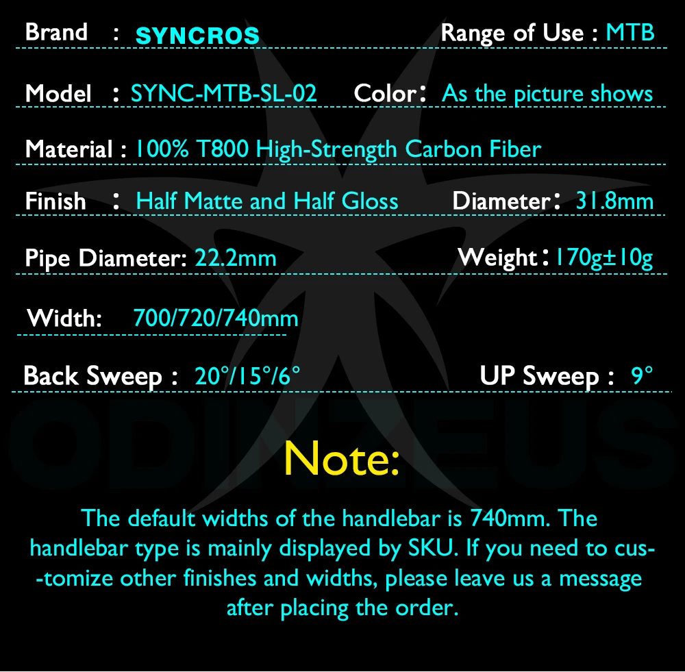 SYNCROS Vollcarbon-Lenker, Mountainbike-Lenker, Ultraleicht/Langlebig, Matt Schwarz, 31,8mm, 680-740mm, Fahrradzubehör – Detail 2