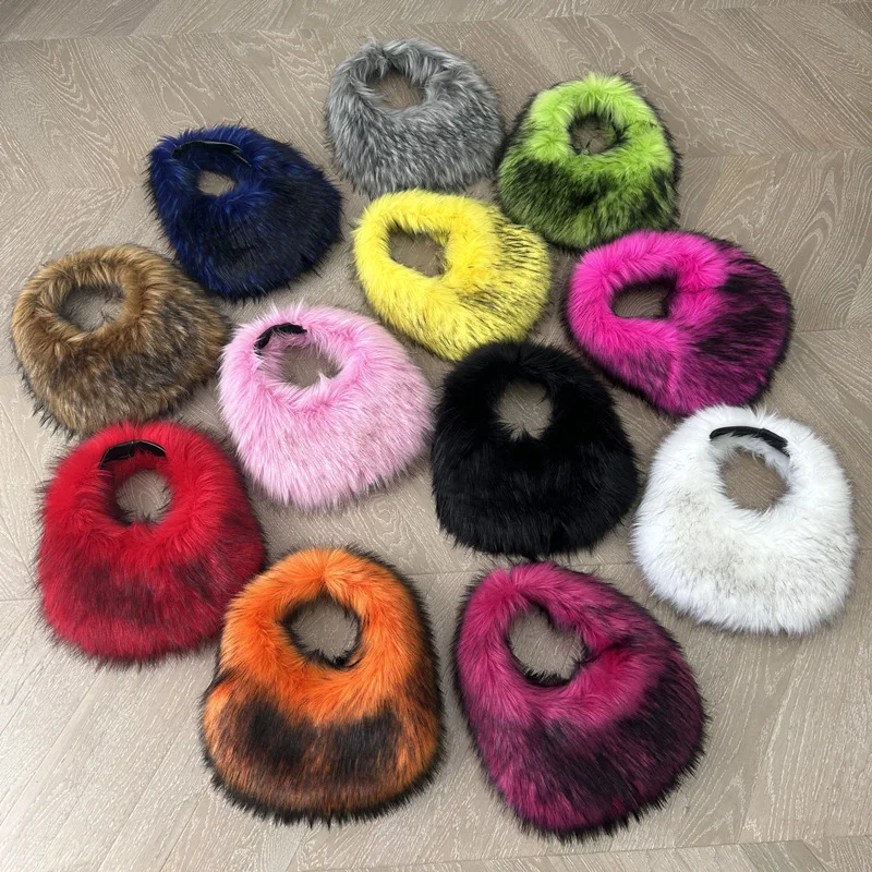 Luxury Heart-Shaped Shoulder Bag Fluffy Faux Fur Bags for Women Designer Handbags Soft Plush Fur Bag Candy Color Cloud Bags Chic