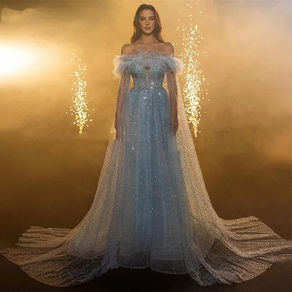 

Gorgeous Blue Evening dress Off the Shoulder Sequined Feather A-line Floor-length Cocktail Vestidos Para Mujer Elegantes