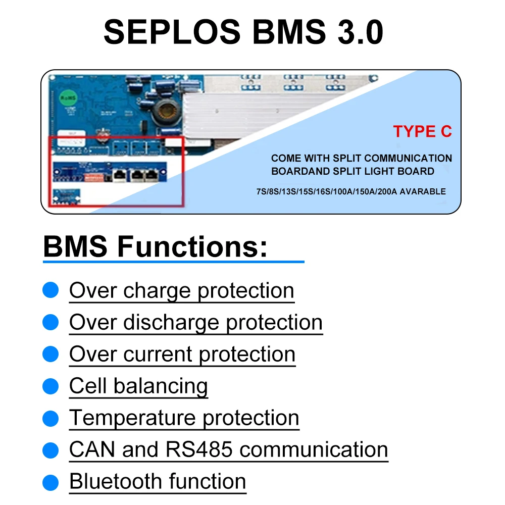 폴란드 3.0 Mason Seplos 케이스 BMS Lifepo4 배터리, 충전식 태양열 밸런서, 48V, 280AH, 304AH, 310AH, 320AH, 보조배터리 2A