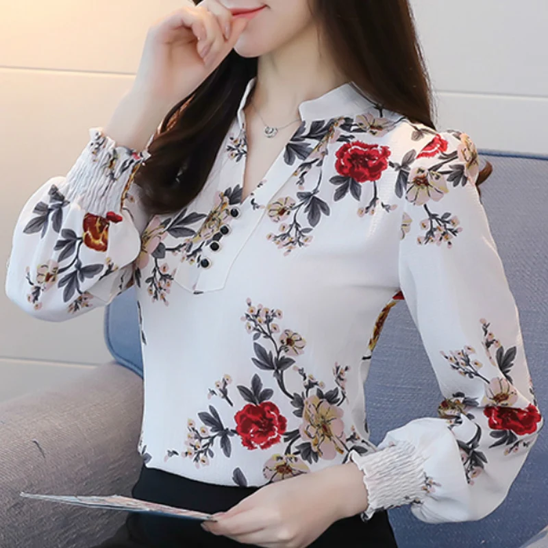 

Long Sleeve Blouse Women V-Neck Flower Print Chiffon Blouse Shirt Women Tops Blusas Mujer De Moda 2023 Blouses Shirts Blusa