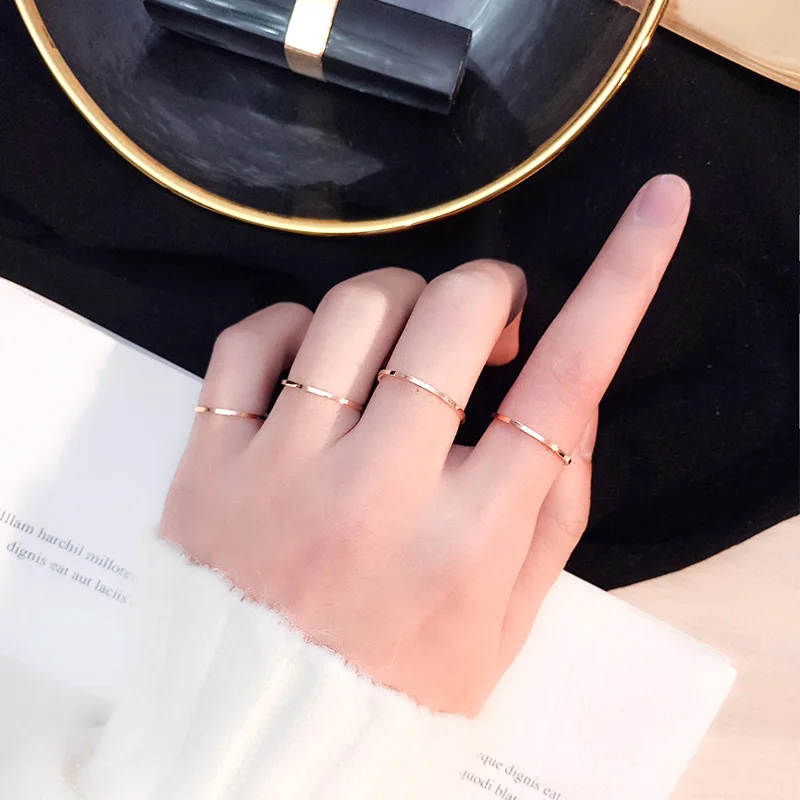 Rings for Women Titanium Steel Rose Gold Color Korean Jewelry Men Simple Wedding Couple Tail Width 1mm Stackable Thin Circle 6
