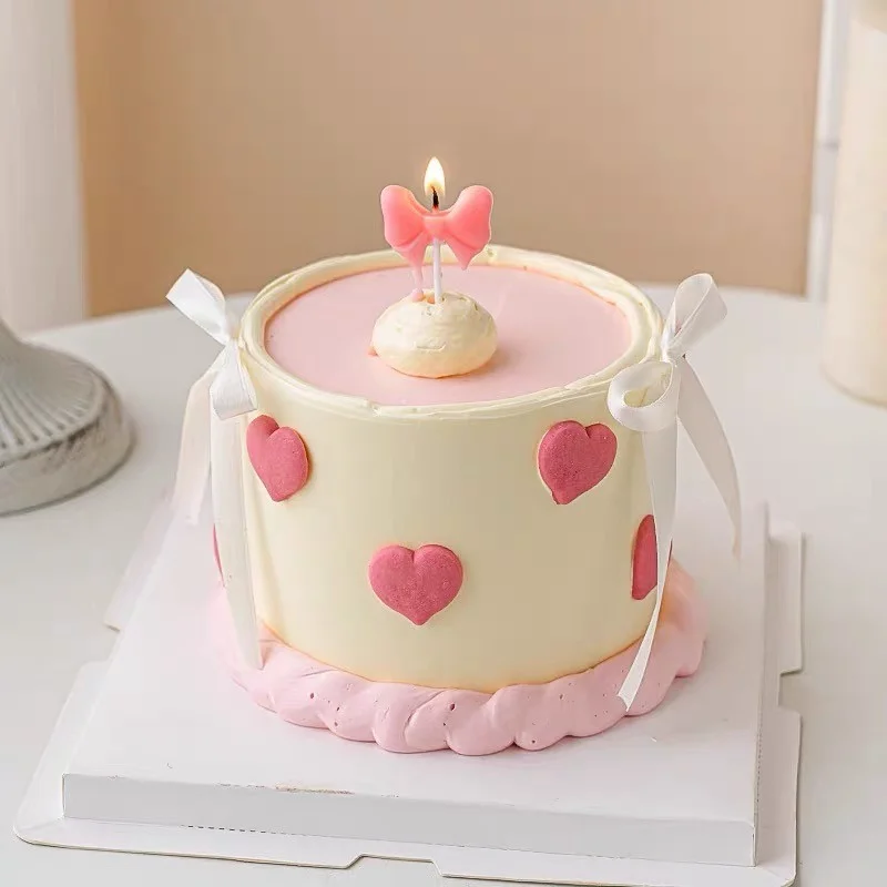 Pink Silver Bow Happy Birthday cake CandleCute Creative Princess Party Cake Decoration Girl Birthday Decoration