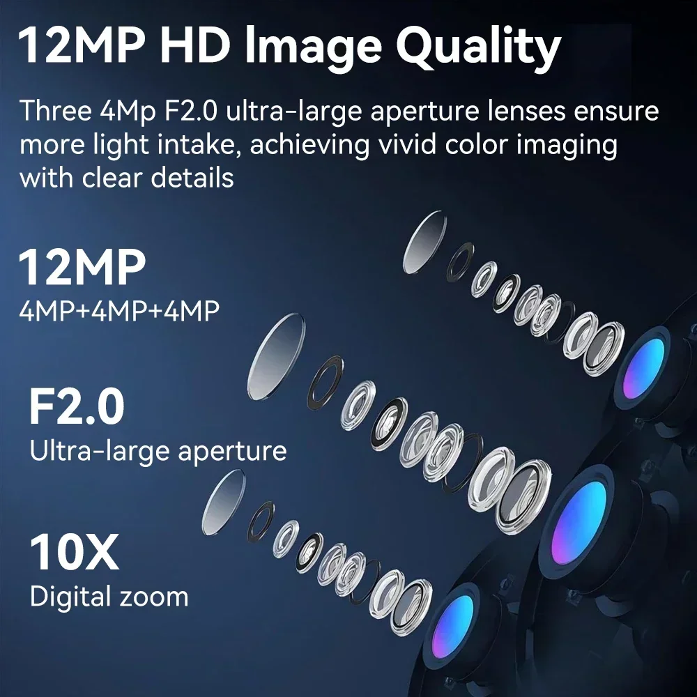 PEGATAH 6K 12MP 10X Zoom PTZ Outdoor WiFi Camera Three Screen Three Lens Automatic Tracking Audible Visual Alarm Security Camera