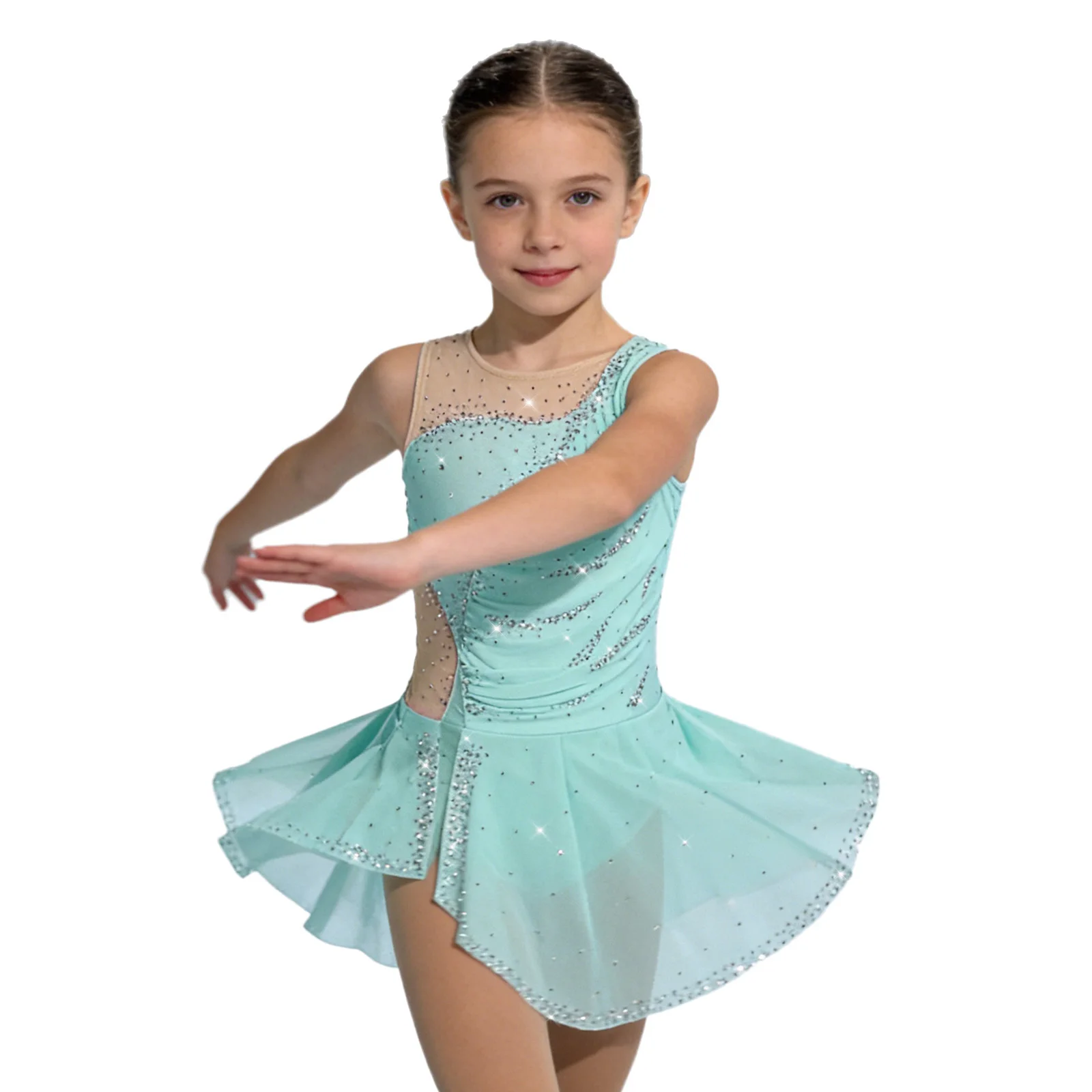 Kinder Mädchen Gymnastik Eiskunstlauf Ballett Tanzkostüm Funkelnde Strasssteine Gerafftes Netzkleid mit Seitenschlitz und Eingebautem Slip – Detail 23