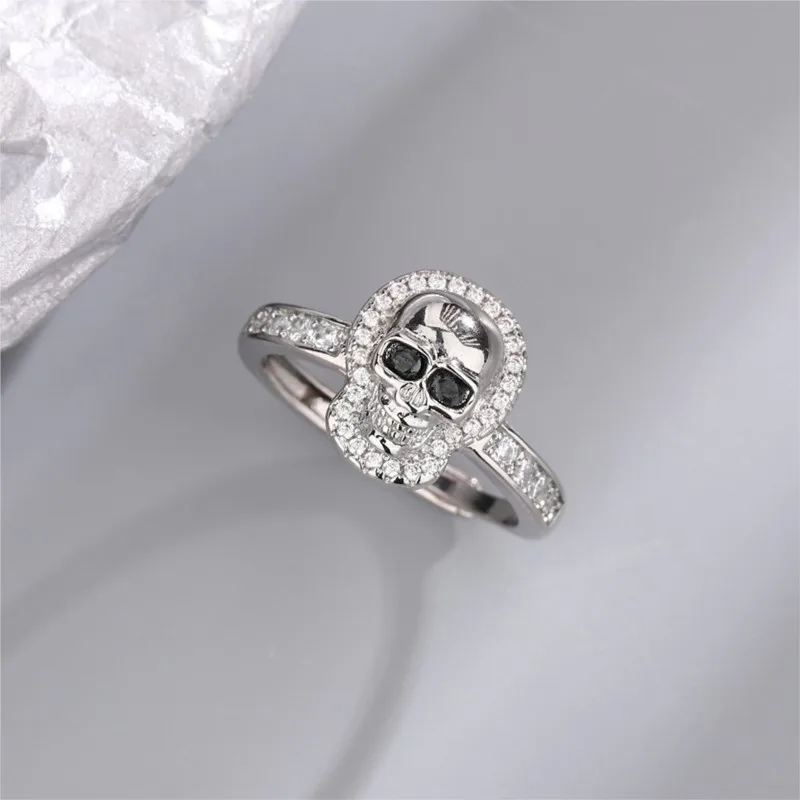 Vintage Gothic Death Skull Skeleton Cocktail Ring for Women Men Shiny CZ Hip Hop Halloween Funny Rings Party Jewelry Gifts