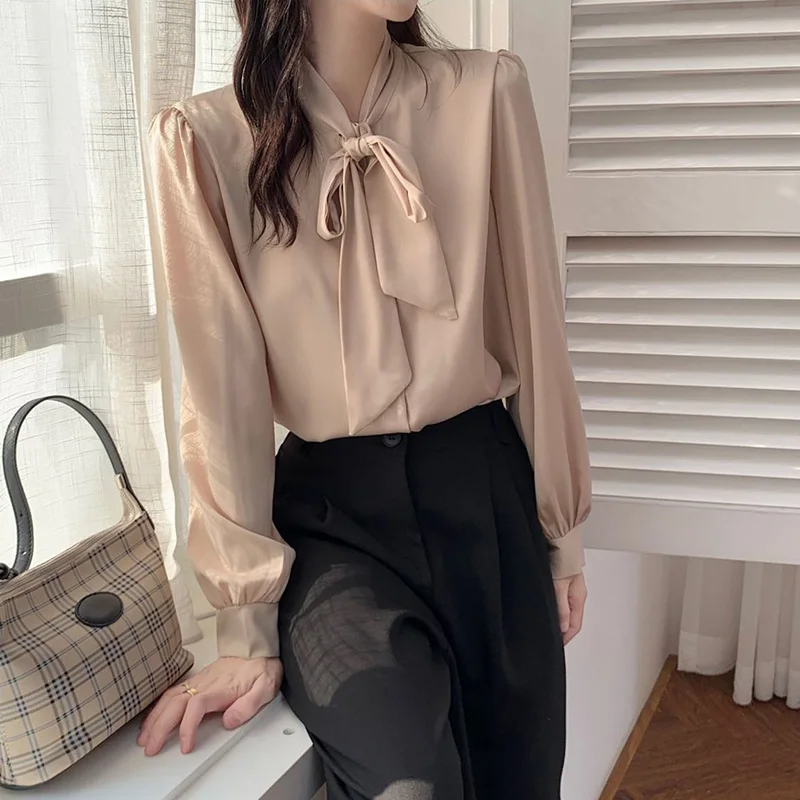 Office Lady Elegant Scarf Collar Bow Blouse Stylish Single-breasted Solid Color Korean Women's Spring Autumn Loose Chiffon Shirt