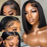 Perruque Bob en cheveux humains 13x4 avec dentelle frontale pour femmes noires, perruque Bob droite sans colle en cheveux humains, couleur naturelle 2