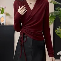 Plus Size V-Neck Long Sleeve Women's T-Shirt Loose Fit Slimming Base Shirt Autumn New Style Cross Design Casual Comfortable Top