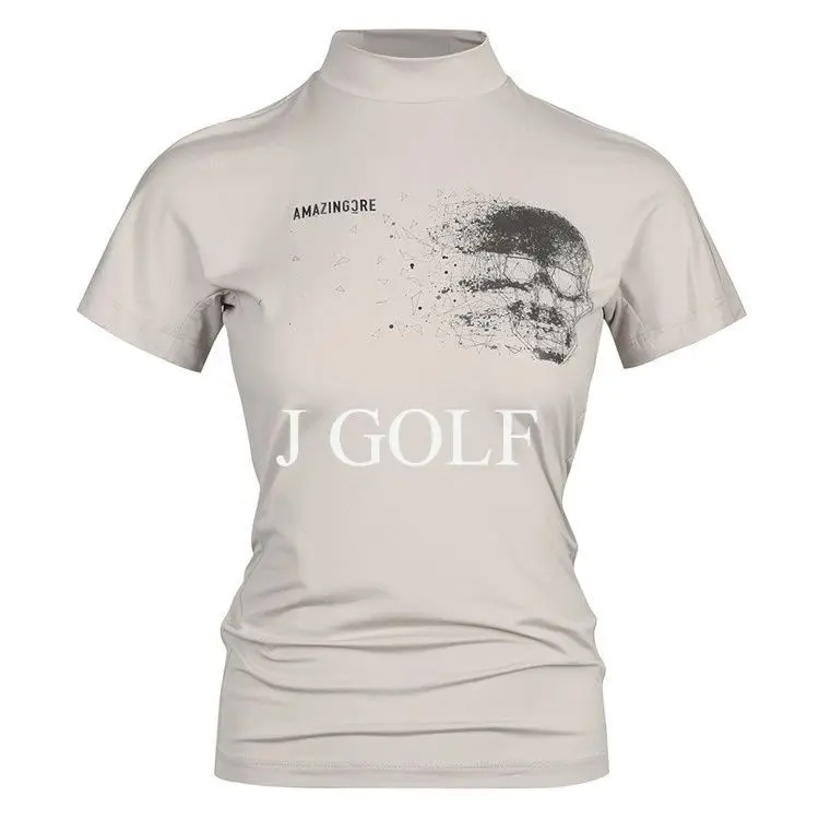 AMAZINGCRE New Women's Golf Clothing Simple Slim Letter Print Quick-drying Stand-up Collar Short-sleeved Top
