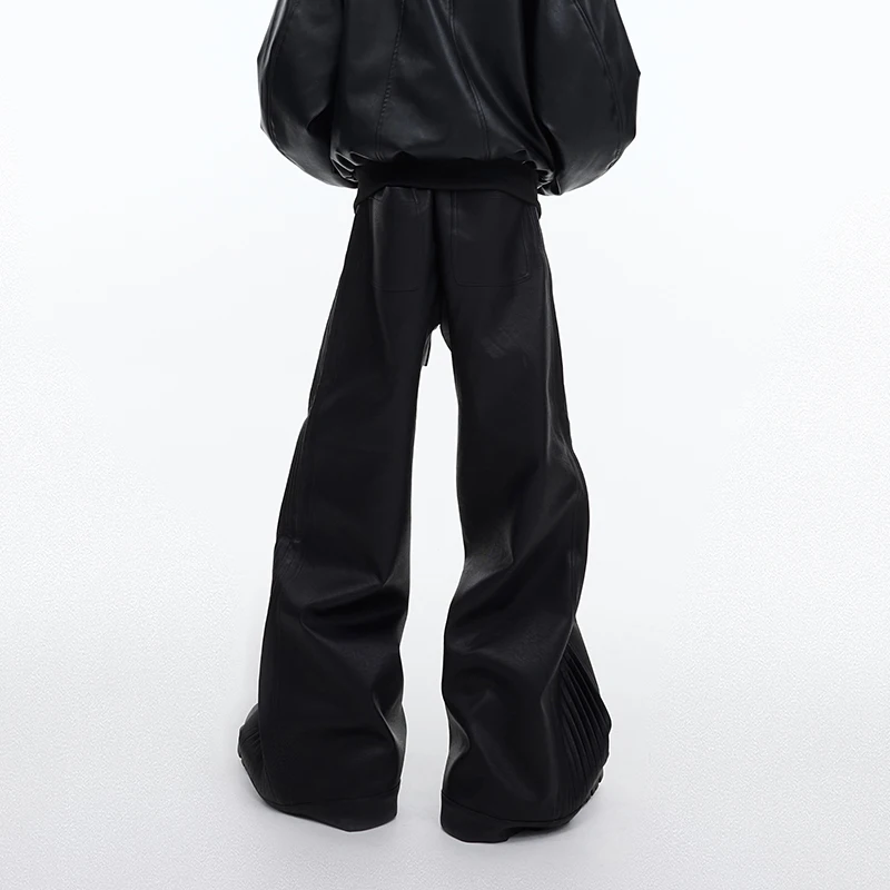 FEWQ Stylish Men's PU Leather Pants Deconstructed Pleated Loose Texture Straight Wide Leg Trousers Solid Color Design 24X1703