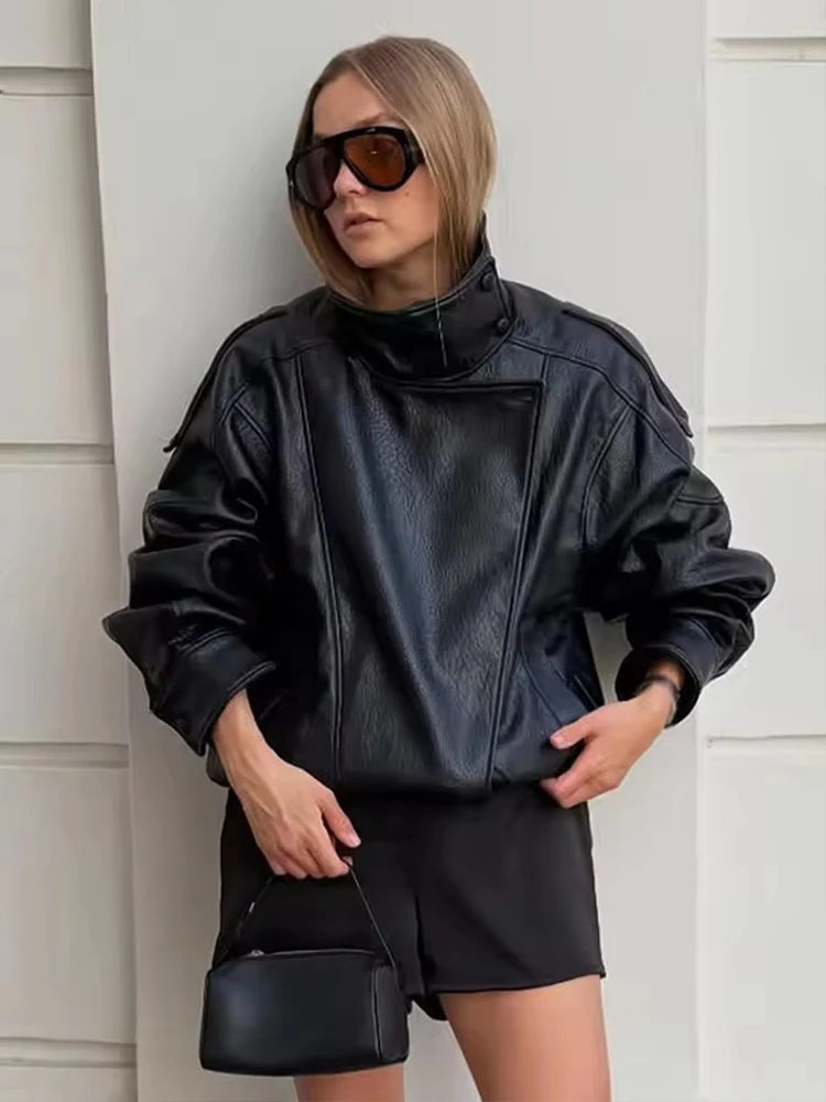 Autumn Women's Street Fashion Loose Leather Jackets For Women Long Sleeves Turtleneck Zipper With Pockets Vintage Coats