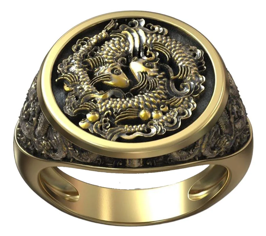 

11g Chinese River Fish Traditional Pattern Man Gold Art Relief 925 Solid Sterling Silver Rings