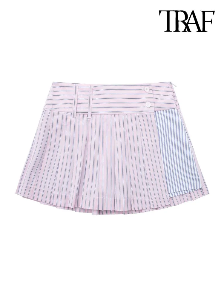 

TRAF Women Fashion Striped Patchwork Short Skirts Vintage High Waist Side Zipper Female Skort Mujer