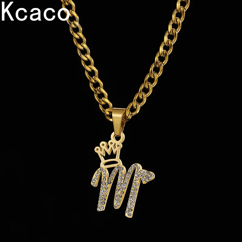 Custom Crystal Name Crown Necklaces Personalized 5mm Cuban Chain Zircon Pendant Stainless Steel Thick Chain for Women Men Gift