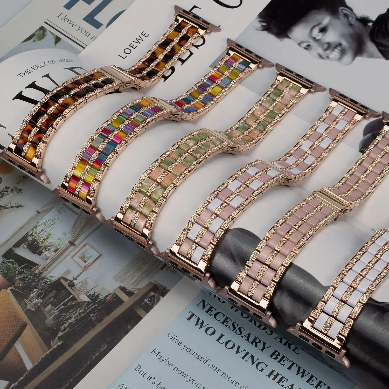 Manufacturer's New Suitable Apple iWatch Strap Colored Apple Smart Watch Strap with Metal Resin Inlaid Diamond