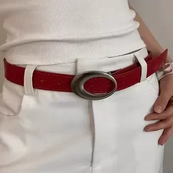 Vintage American Belt Crocodile Lines for Women Men Fashion Pu Leather Punk Metal Buckle Jeans Pants Advanced Red Waist Belts