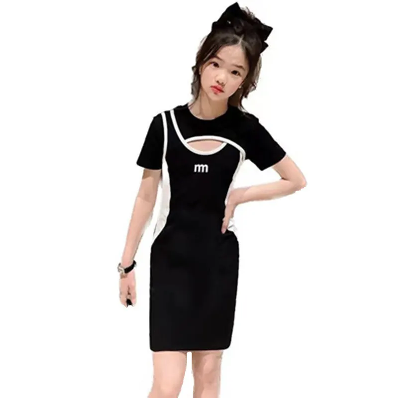 

Summer Girls Dress Fashion Black White Patchwork Color Kids Slim Fit Dresses Children's Clothes Casual Korean Teenager Costumes