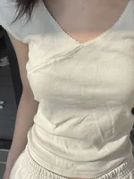 T-Shirt Vintage en Coton pour Femme, Streetwear à Col en V, Doux et Mignon, Style Y2K, Haut Simple, Été 2025 3