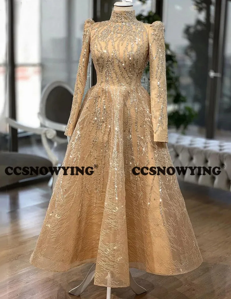 

Champagne Lace Beaded Long Sleeve Muslim Evening Dress High Neck Islamic Formal Party Gown Women Hijab Arabic Robe De Soiree