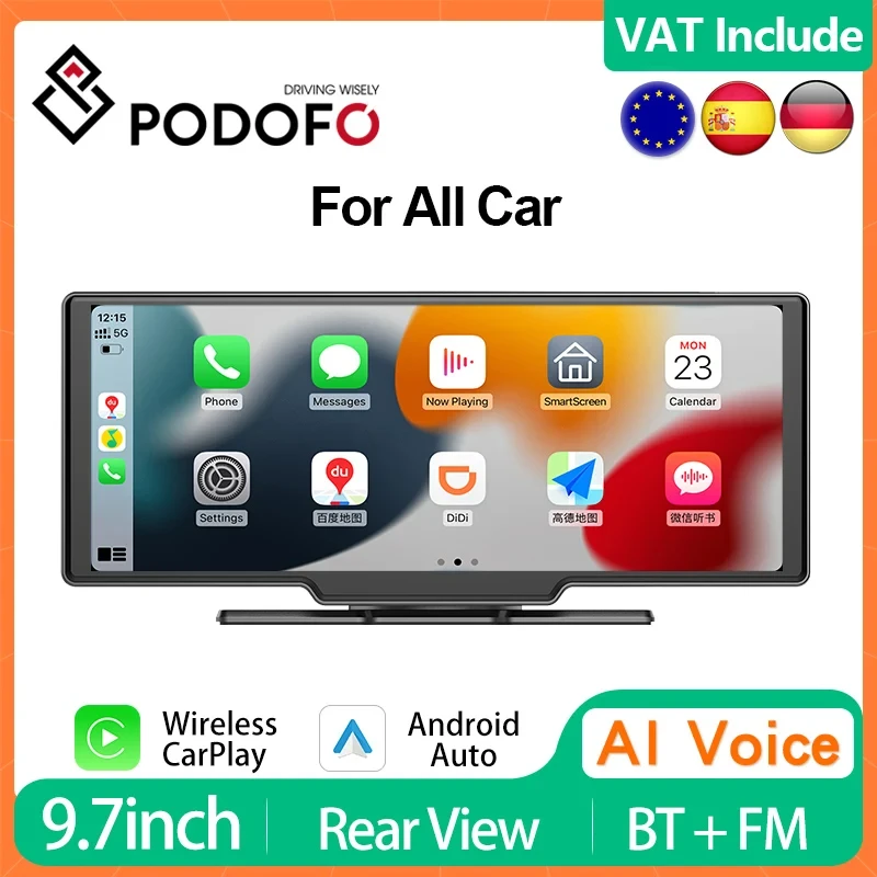 Podofo Wireless Carplay Universal 9.3In Autoradio Lettore Video Multimediale Wireless Android Auto Dvr Videoregistratore Touch Screen