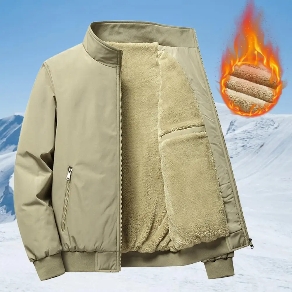 

Мужская однотонная куртка, уютная мужская зимняя куртка с плюшевой подкладкой, воротником-стойкой и карманами на молнии, стильное теплое пальто для повседневного комфорта