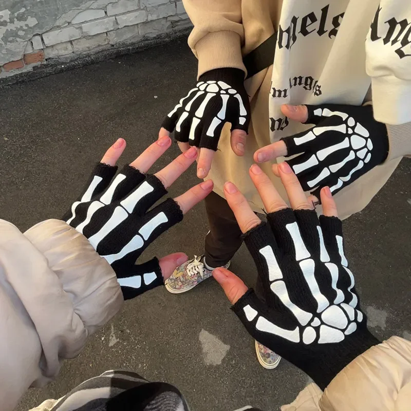 Unisex Adult Halloween Skeleton Skull Half Finger Gloves Glow in the Dark Fingerless Stretch Knitted Winter Mittens 4