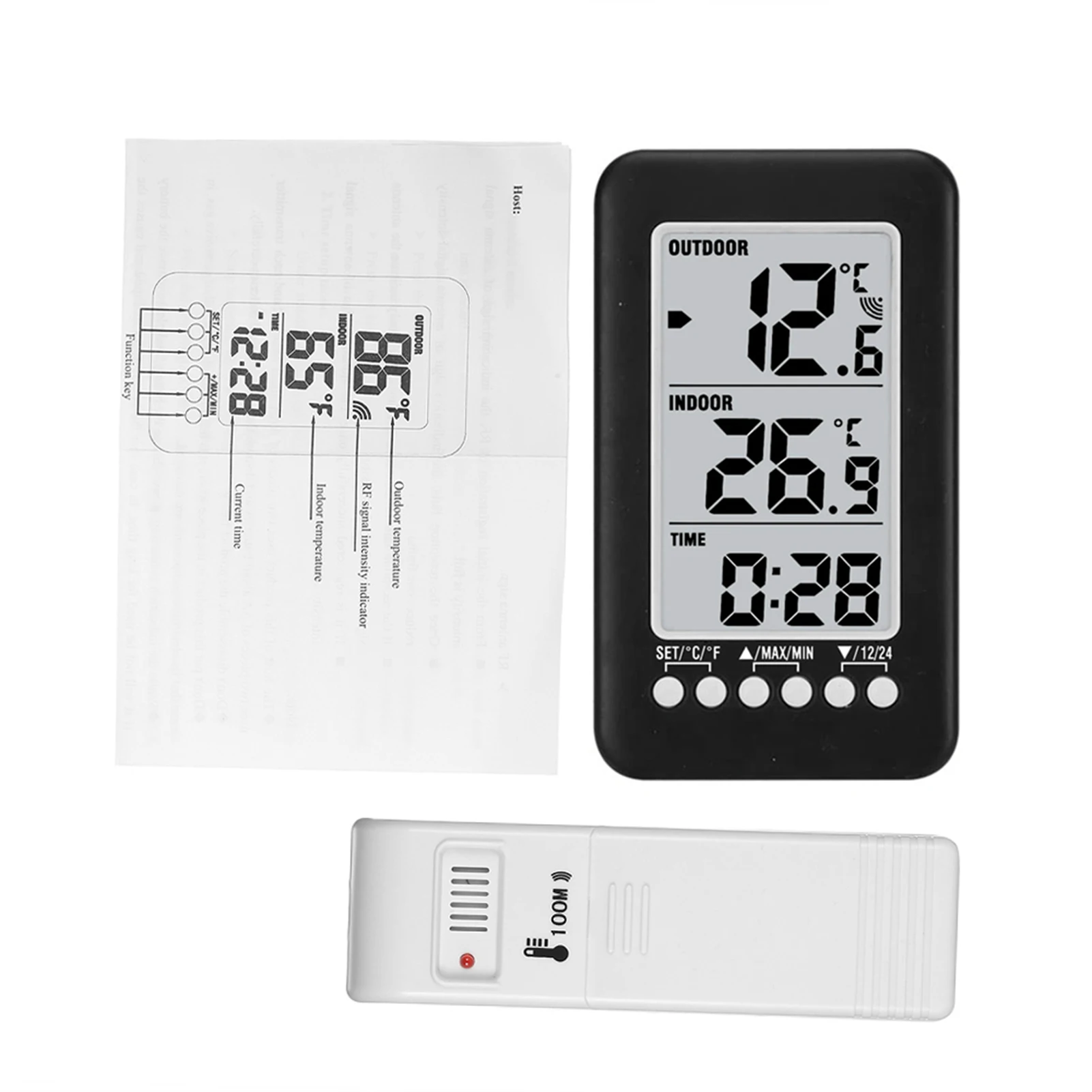 LCD 디지털 타이머 무선 실내 및 실외 온도계 시계 온도계, 송신기 포함, ℃/℉ 온도 디지털 시계