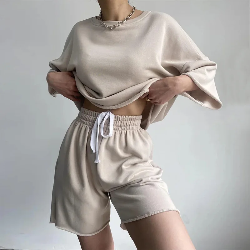 New Casual Suit Women's Half Sleeve Round Neck Loose Short Sleeve Rope Shorts Two-piece Set Korean Reviews Clothes Shorts Women