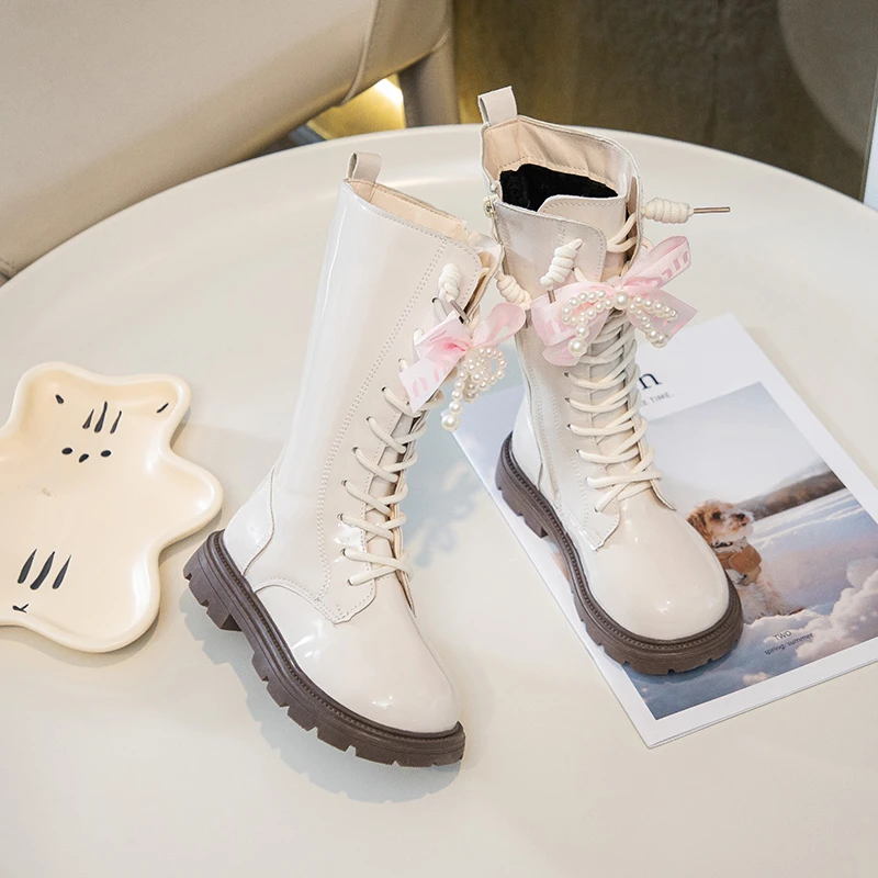 Leather Mid Calf Boots for Girls with Plush Lining