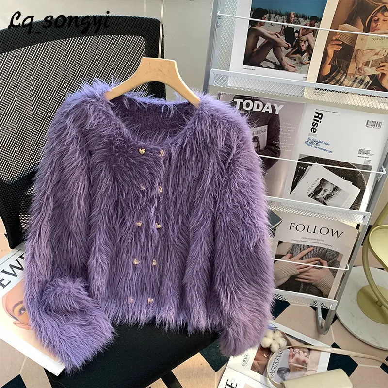 

Faux Mink Cashmere Short Cardigan Women Autumn Winter Soft Sweater Double Breasted O Neck Knitted Coats Y2K Lq_songyi SY56