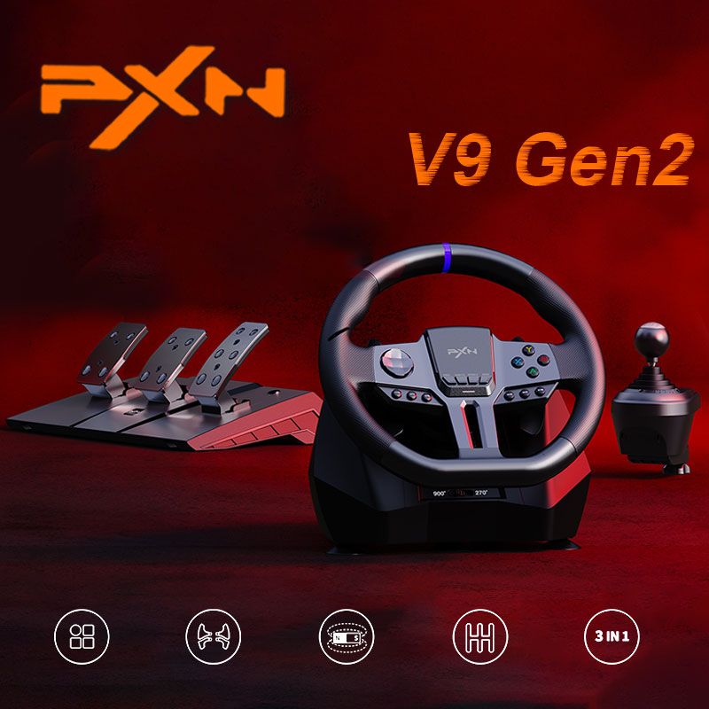 PXN V9 Gen2 Upgrade Game Steering Racing Wheel Pedal Shifter Clamp Set 270/900 Rotation 16Bit 6+R Hall Magnetic Dual Motor Light