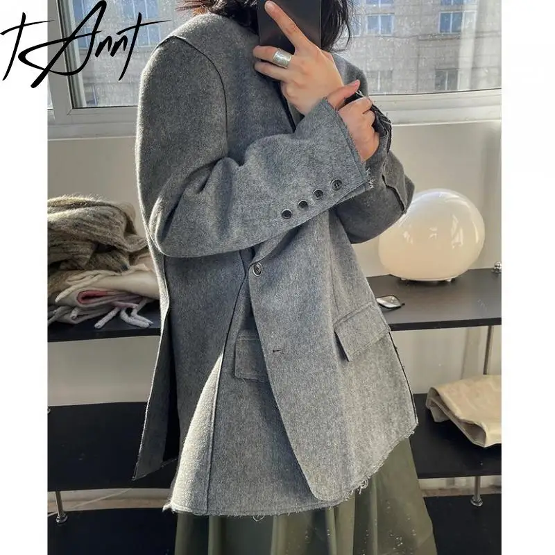 

Tannt Women Blazer Asymmetry Split Vintage Gray Black Vintage Oversize Winter Jacket Irregular Fashion Wool Suit Coat 2023