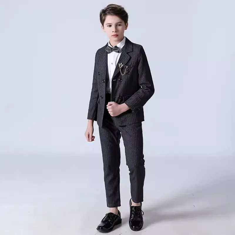 

Boys Stripe Wedding Suit Kids Prom Show Photography Suit Children Piano Party Jacket Vest Pants 3PS Double Breasted Tuxedo Dress